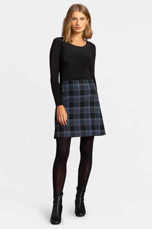 Blue Check Print Zip Pocket A Line Skirt Women Roman Skirts