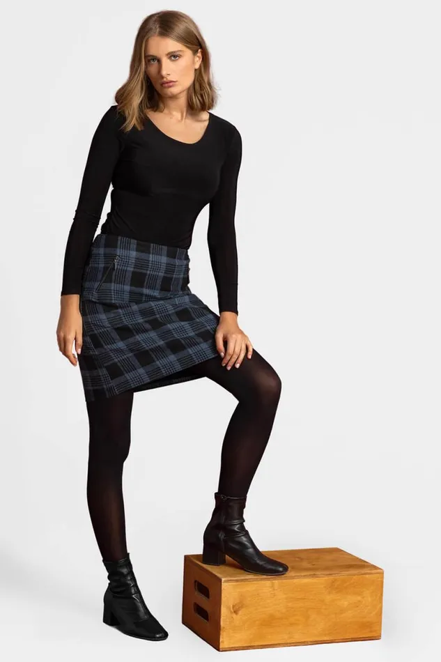 Blue Check Print Zip Pocket A Line Skirt Women Roman Skirts