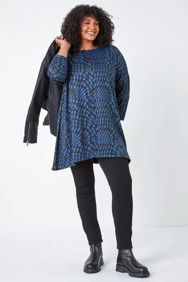 Blue Curve Abstract Print Stretch Tunic Top Women Roman Tops