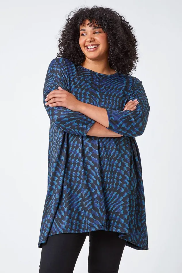 Blue Curve Abstract Print Stretch Tunic Top Women Roman Tops