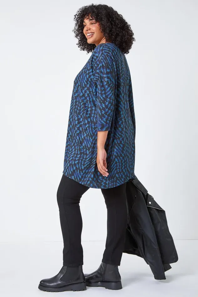 Blue Curve Abstract Print Stretch Tunic Top Women Roman Tops