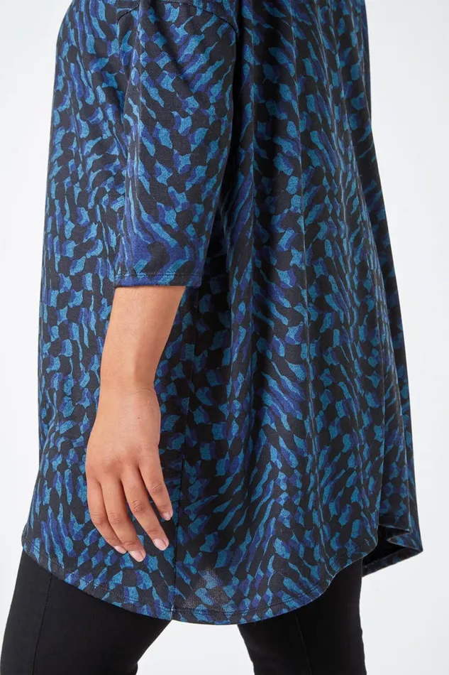 Blue Curve Abstract Print Stretch Tunic Top Women Roman Tops
