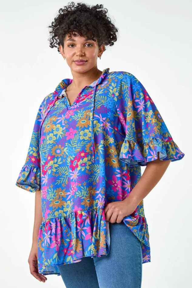 Blue Curve Floral Frill Tie Detail Top Women Roman Tops