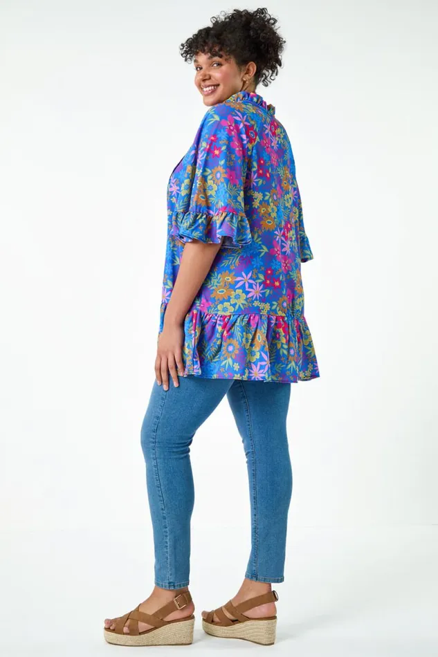 Blue Curve Floral Frill Tie Detail Top Women Roman Tops