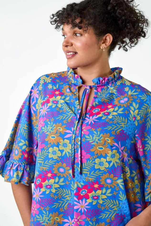 Blue Curve Floral Frill Tie Detail Top Women Roman Tops