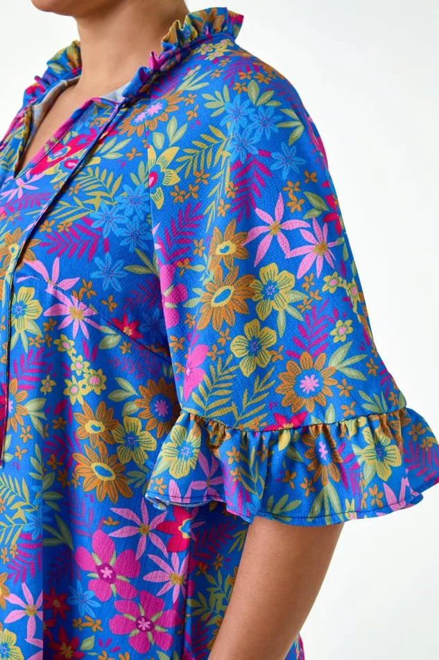 Blue Curve Floral Frill Tie Detail Top Women Roman Tops