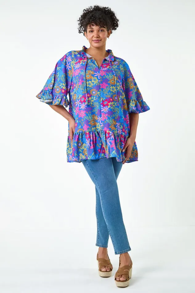 Blue Curve Floral Frill Tie Detail Top Women Roman Tops