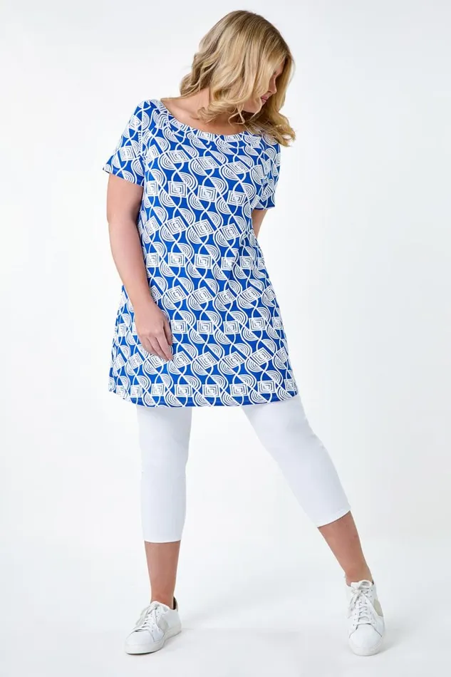 Blue Curve Geometric Print Stretch Top Women Roman Tops