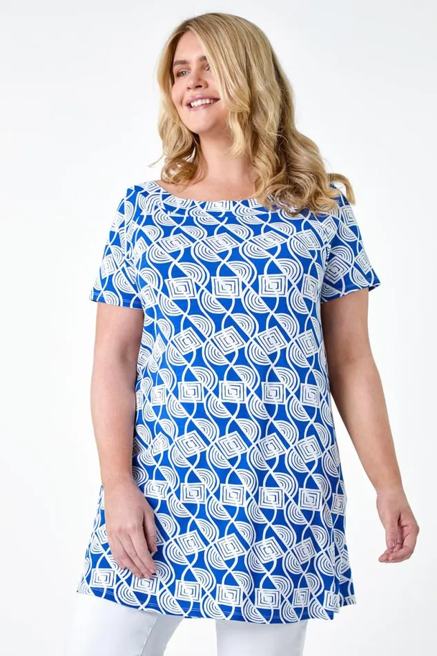 Blue Curve Geometric Print Stretch Top Women Roman Tops