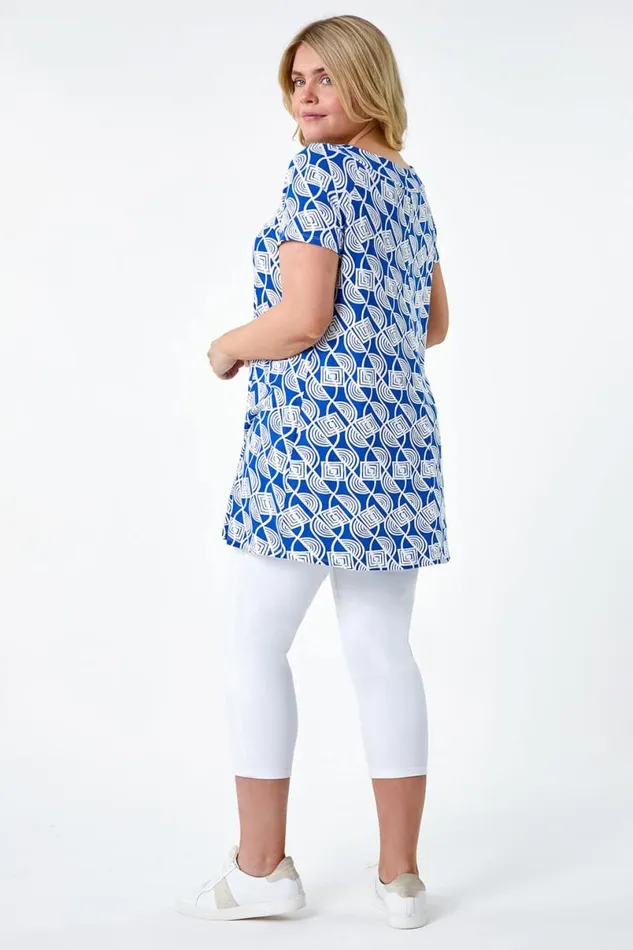 Blue Curve Geometric Print Stretch Top Women Roman Tops