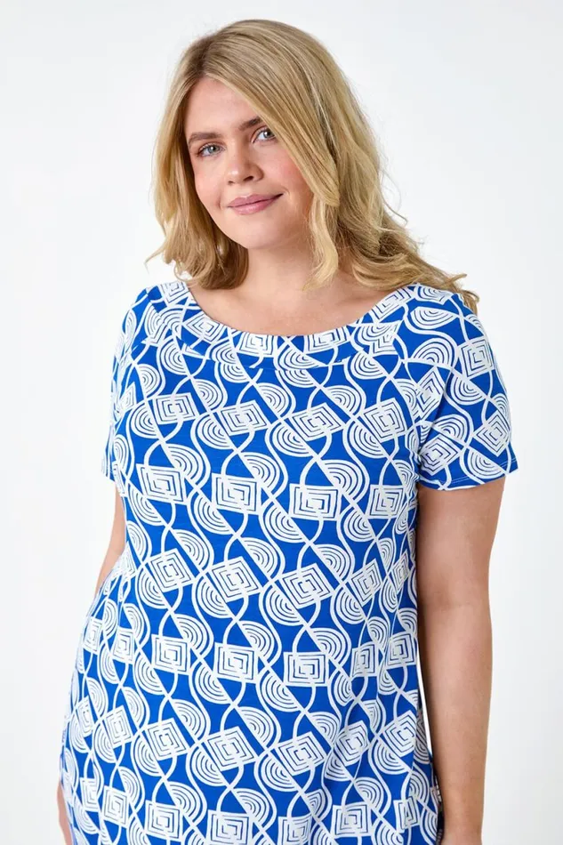 Blue Curve Geometric Print Stretch Top Women Roman Tops