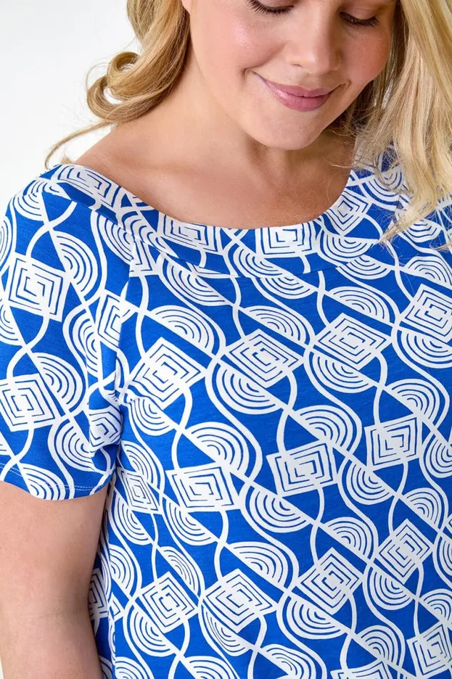 Blue Curve Geometric Print Stretch Top Women Roman Tops