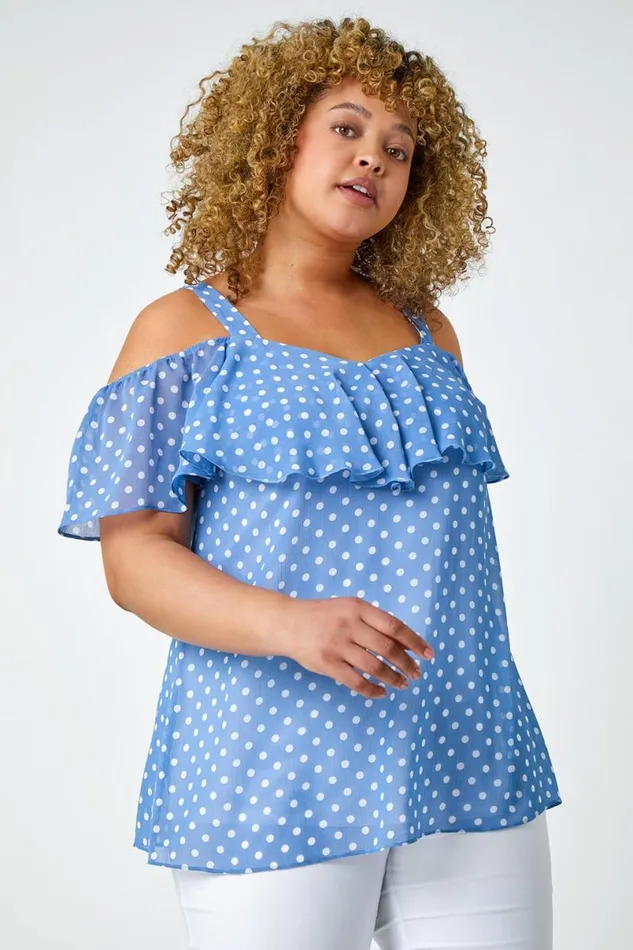 Blue Curve Polka Dot Cold Shoulder Top Women Roman Tops