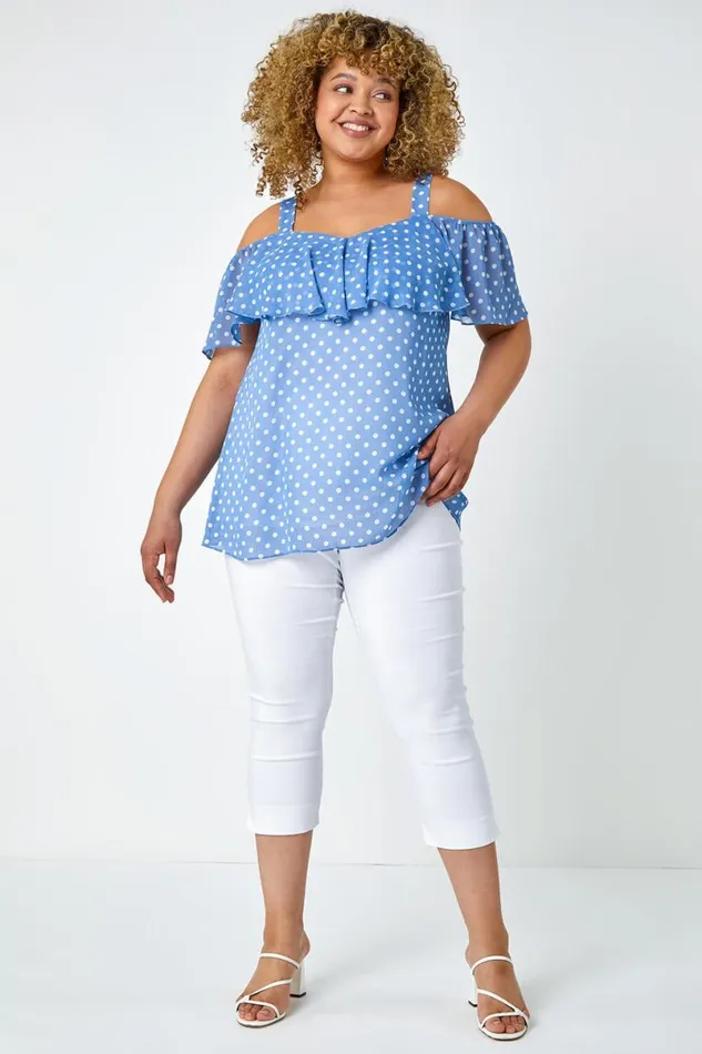 Blue Curve Polka Dot Cold Shoulder Top Women Roman Tops