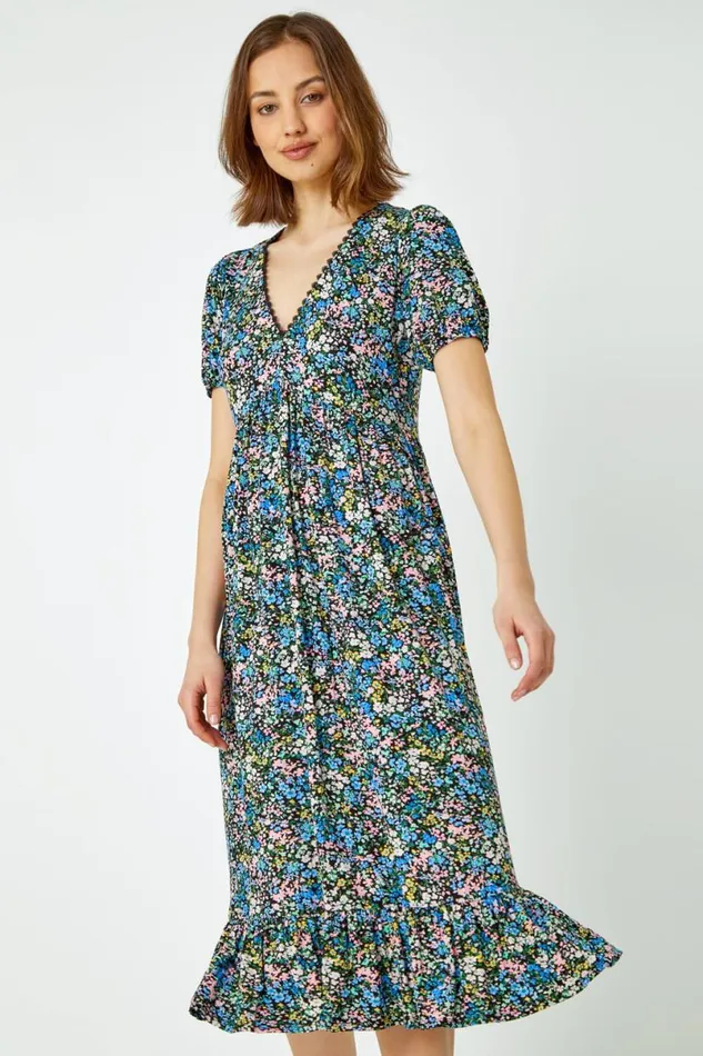 Blue Ditsy Floral Lace Detail Midi Dress Women Roman Dresses