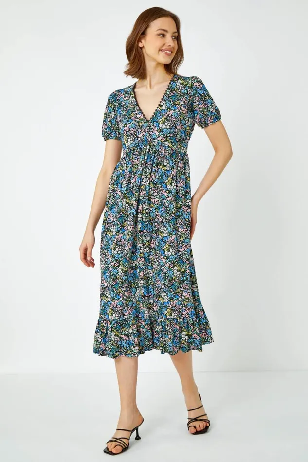 Blue Ditsy Floral Lace Detail Midi Dress Women Roman Dresses