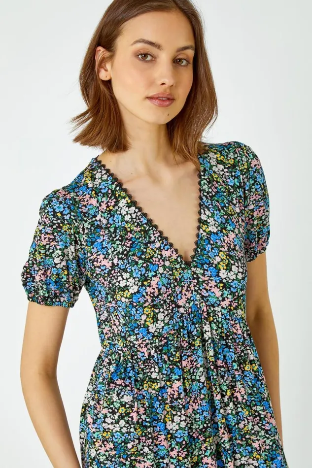 Blue Ditsy Floral Lace Detail Midi Dress Women Roman Dresses