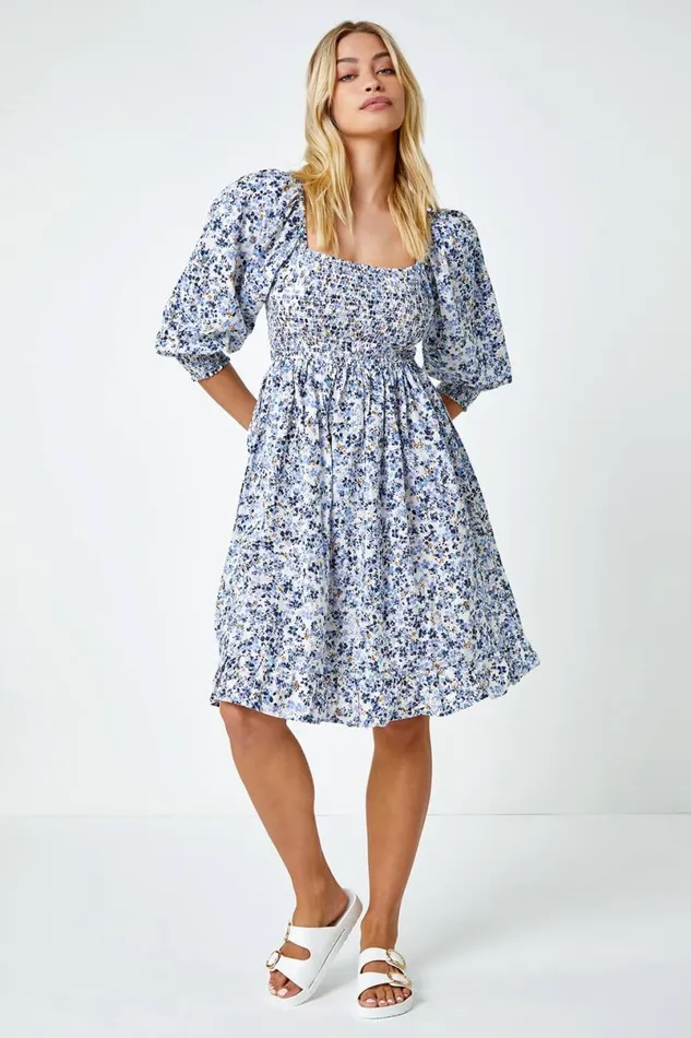 Blue Ditsy Floral Shirred Cotton Tea Dress Women Roman Dresses