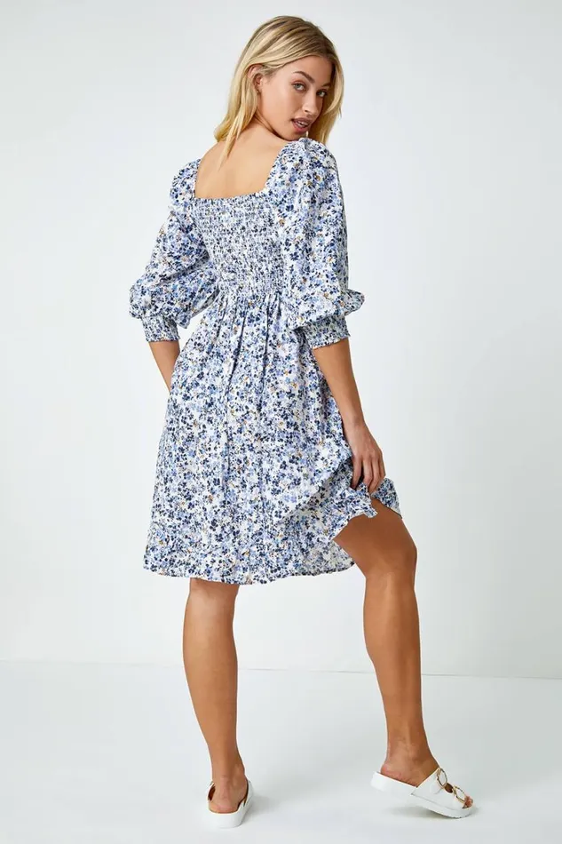 Blue Ditsy Floral Shirred Cotton Tea Dress Women Roman Dresses