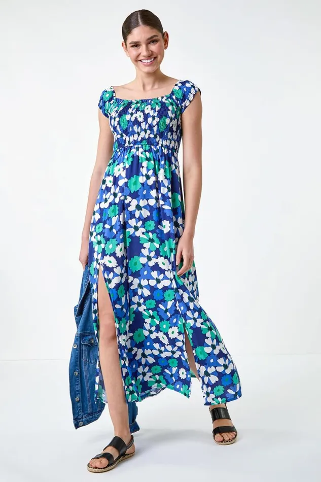 Blue Floral Shirred Bardot Maxi Dress Women Roman Dresses