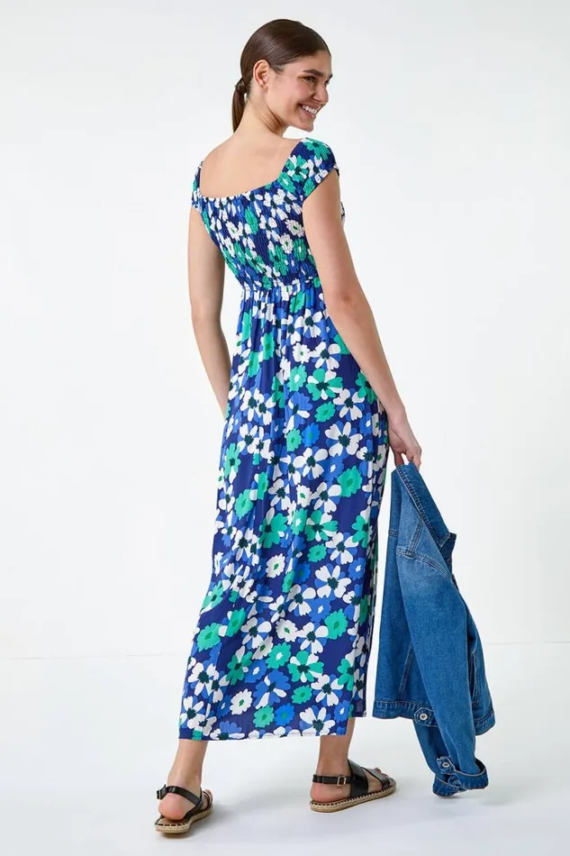 Blue Floral Shirred Bardot Maxi Dress Women Roman Dresses