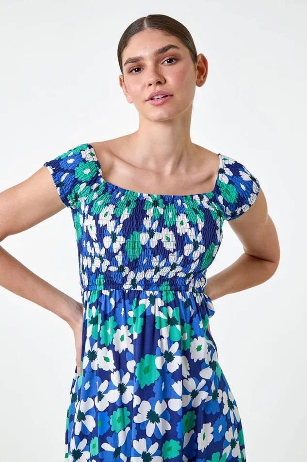 Blue Floral Shirred Bardot Maxi Dress Women Roman Dresses