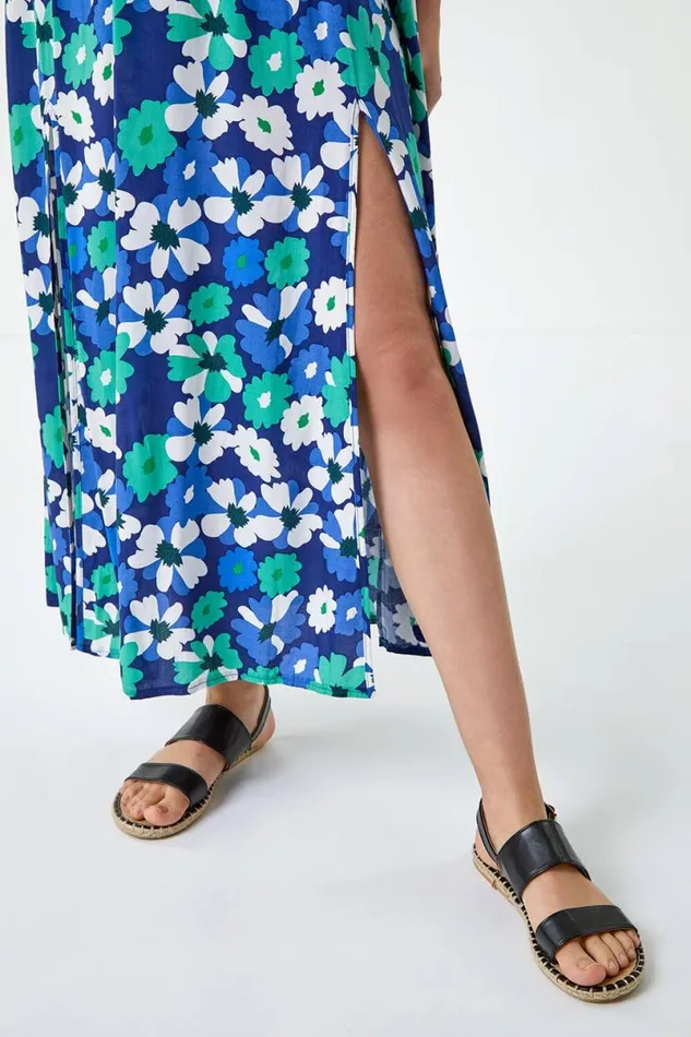 Blue Floral Shirred Bardot Maxi Dress Women Roman Dresses