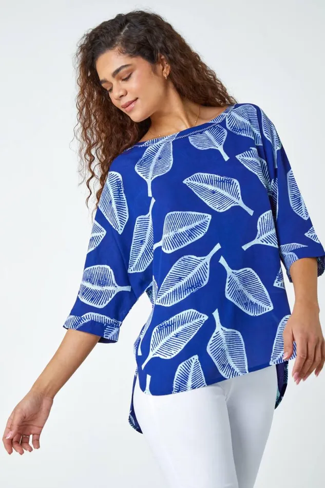 Blue Leaf Print Relaxed Tunic Top Women Roman Tops