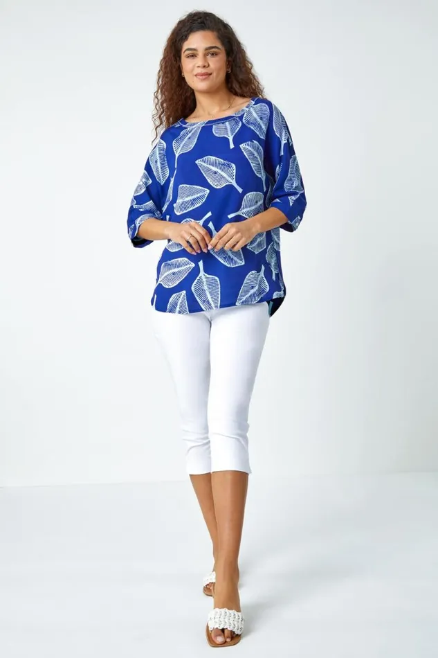 Blue Leaf Print Relaxed Tunic Top Women Roman Tops
