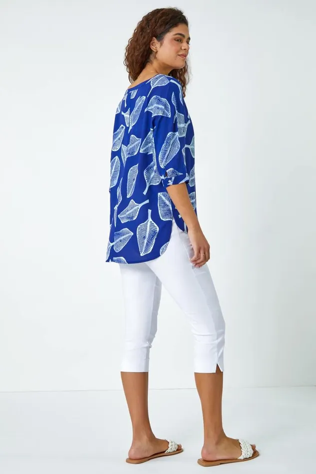 Blue Leaf Print Relaxed Tunic Top Women Roman Tops