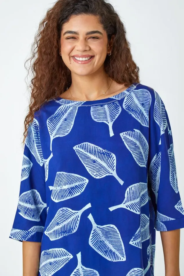 Blue Leaf Print Relaxed Tunic Top Women Roman Tops