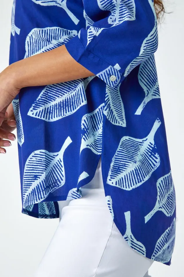 Blue Leaf Print Relaxed Tunic Top Women Roman Tops