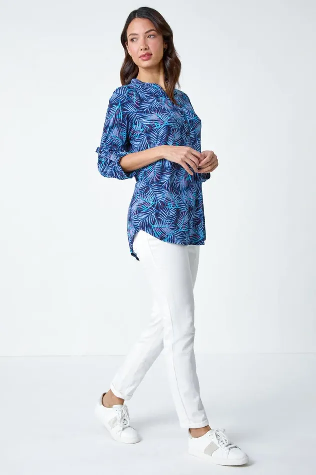 Blue Leaf Print VNeck Stretch Jersey Blouse Women Roman Tops