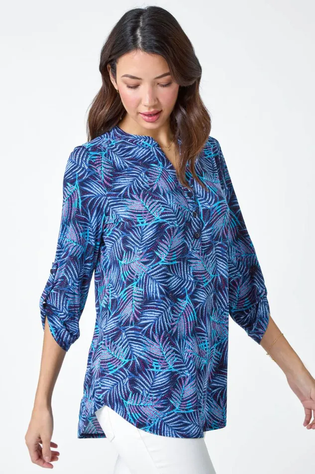Blue Leaf Print VNeck Stretch Jersey Blouse Women Roman Tops