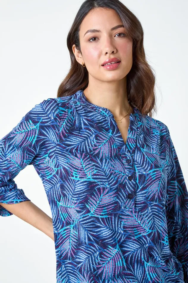 Blue Leaf Print VNeck Stretch Jersey Blouse Women Roman Tops