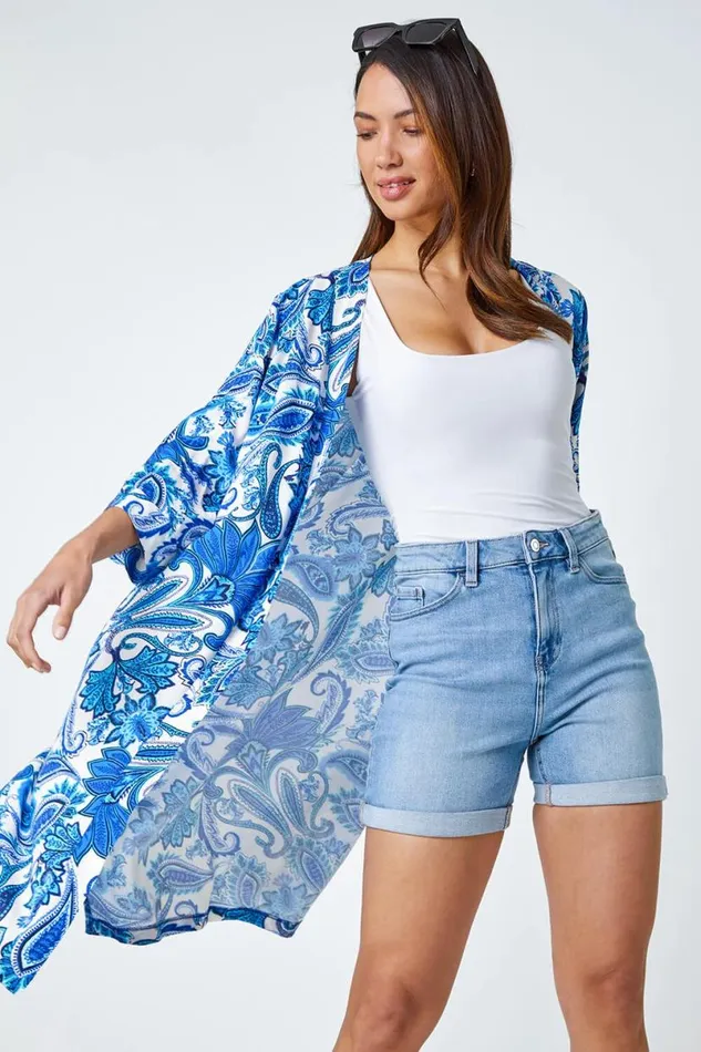 Blue Paisley Print Longline Kimono Women Roman Tops