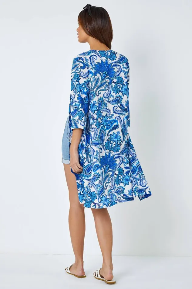 Blue Paisley Print Longline Kimono Women Roman Tops