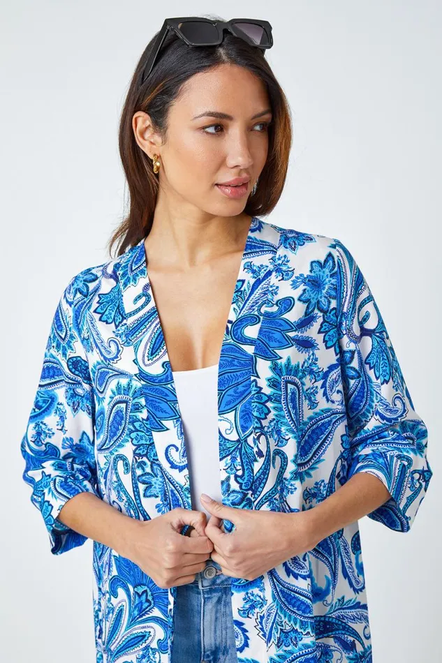 Blue Paisley Print Longline Kimono Women Roman Tops