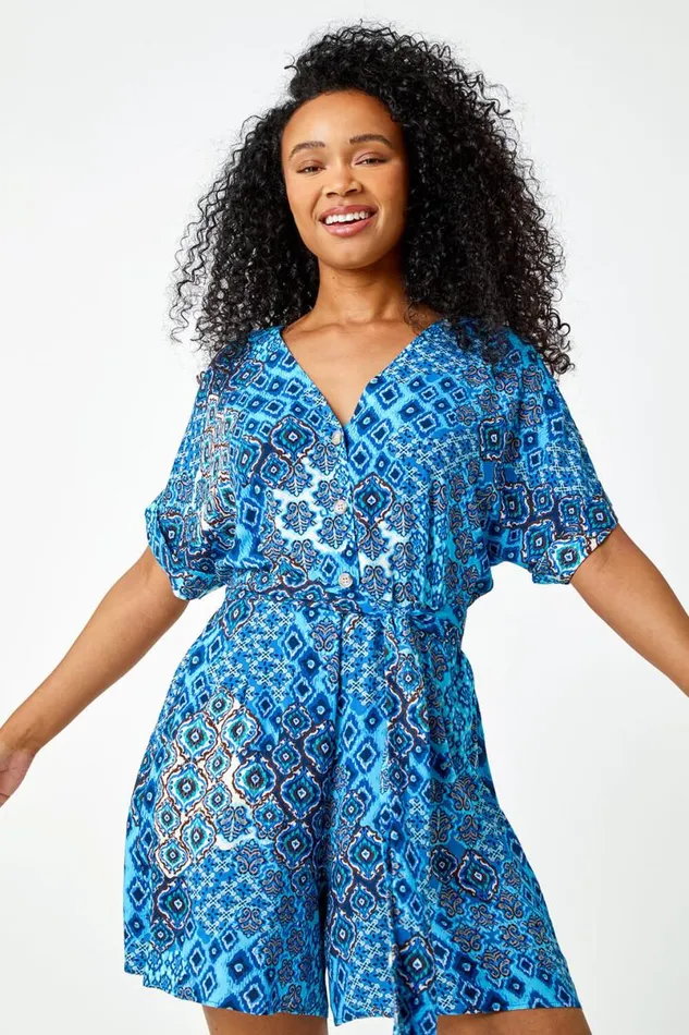 Blue Petite Aztec Print Playsuit Women Roman Dresses
