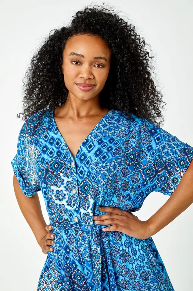 Blue Petite Aztec Print Playsuit Women Roman Dresses
