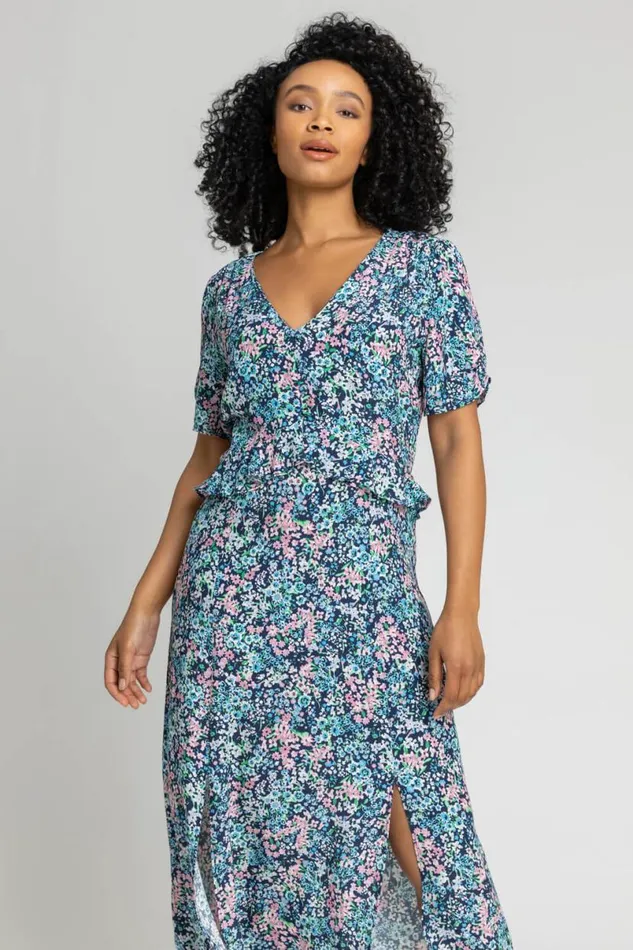 Blue Petite Floral Frill Detail Midi Dress Women Roman Dresses