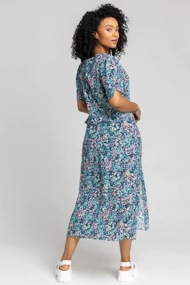 Blue Petite Floral Frill Detail Midi Dress Women Roman Dresses