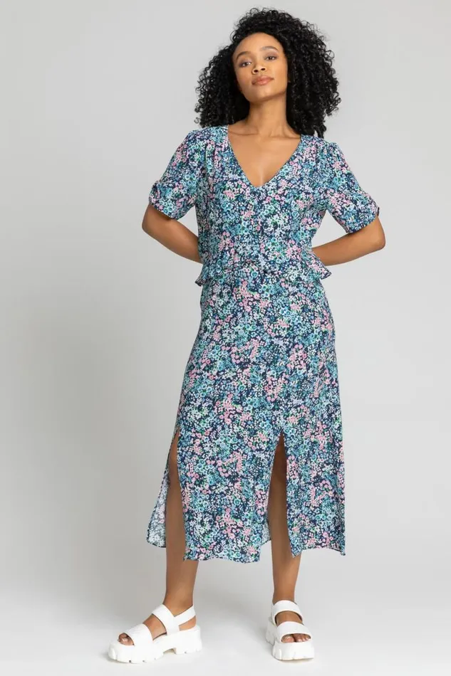 Blue Petite Floral Frill Detail Midi Dress Women Roman Dresses