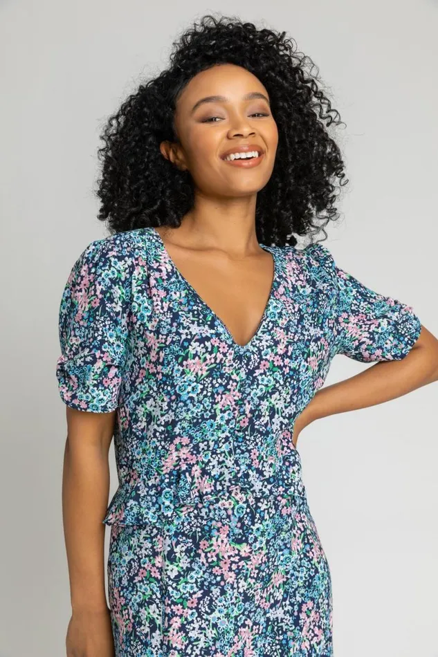 Blue Petite Floral Frill Detail Midi Dress Women Roman Dresses