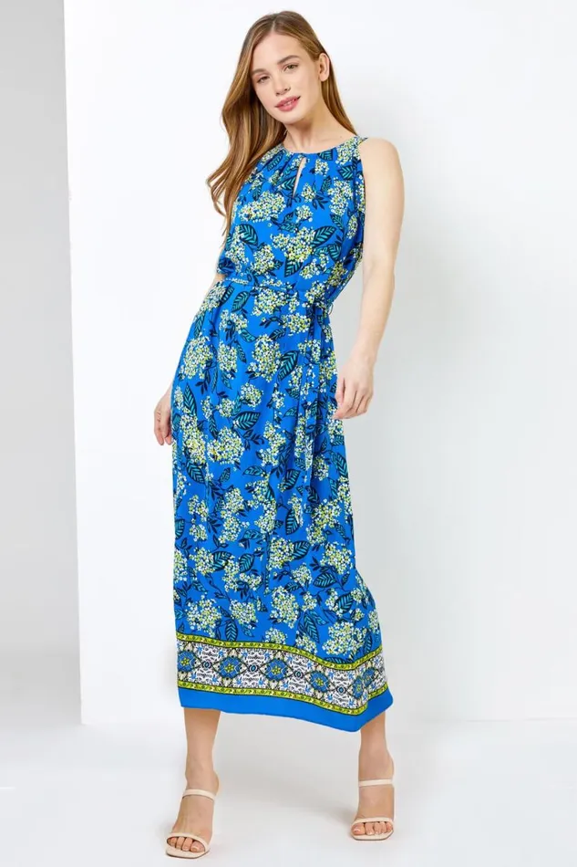 Blue Petite Floral Print Halter Neck Dress Women Roman Dresses