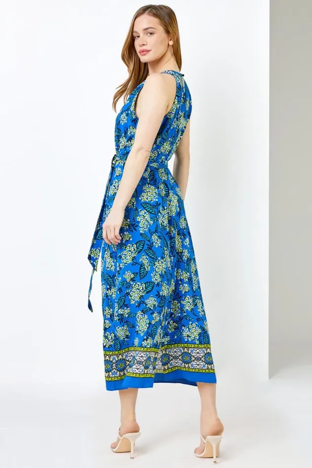 Blue Petite Floral Print Halter Neck Dress Women Roman Dresses