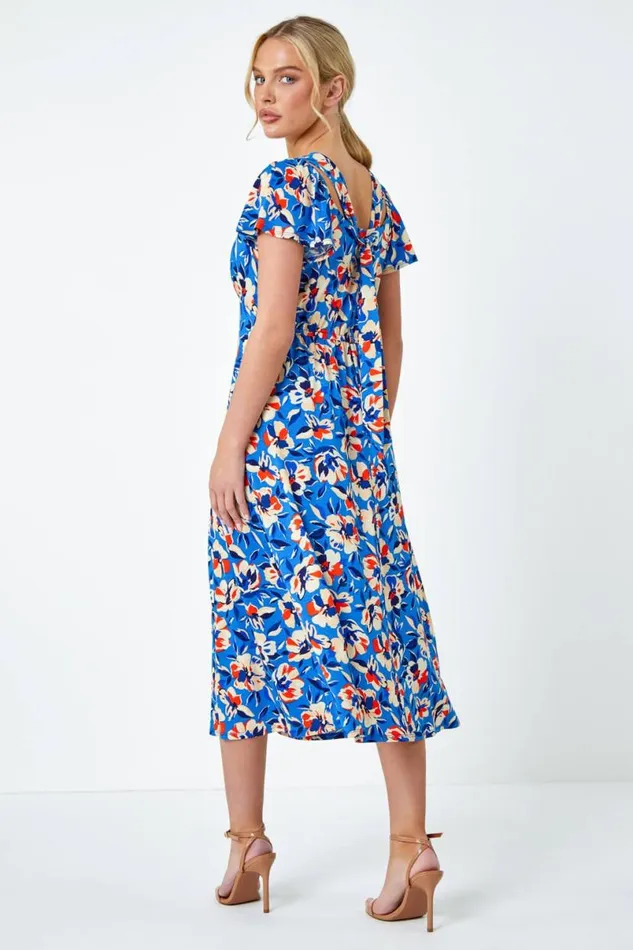 Blue Petite Floral Print Midi Stretch Dress Women Roman Dresses