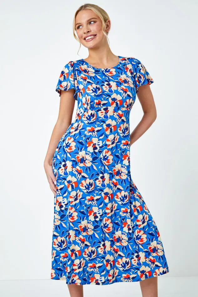 Blue Petite Floral Print Midi Stretch Dress Women Roman Dresses