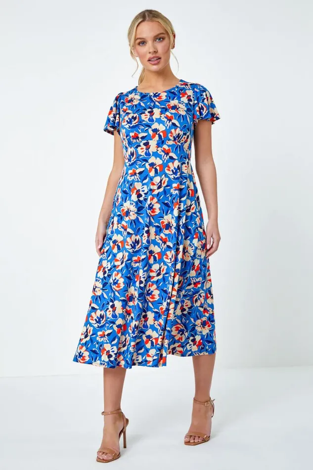 Blue Petite Floral Print Midi Stretch Dress Women Roman Dresses
