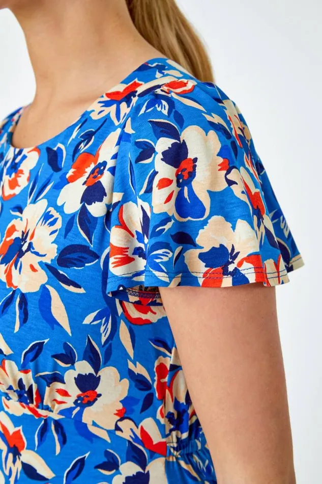 Blue Petite Floral Print Midi Stretch Dress Women Roman Dresses